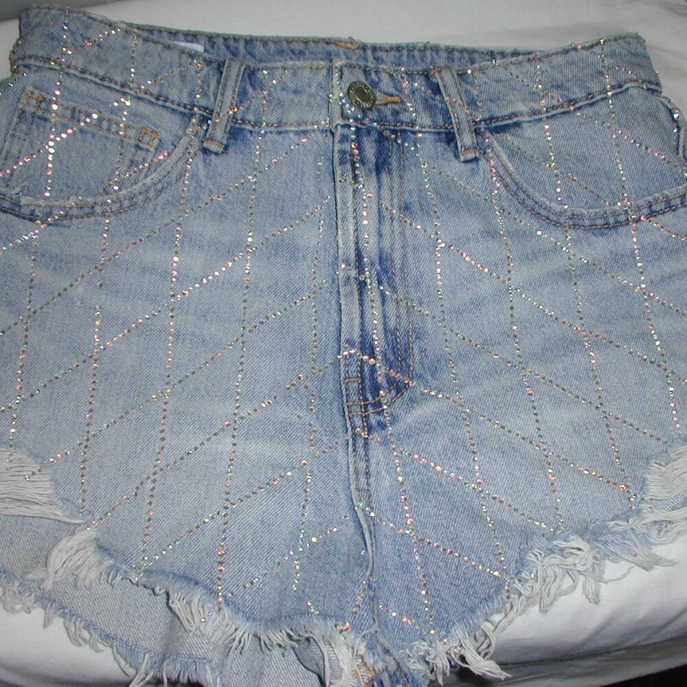 Zara Rhinestone Distressed Denim Shorts Size 6